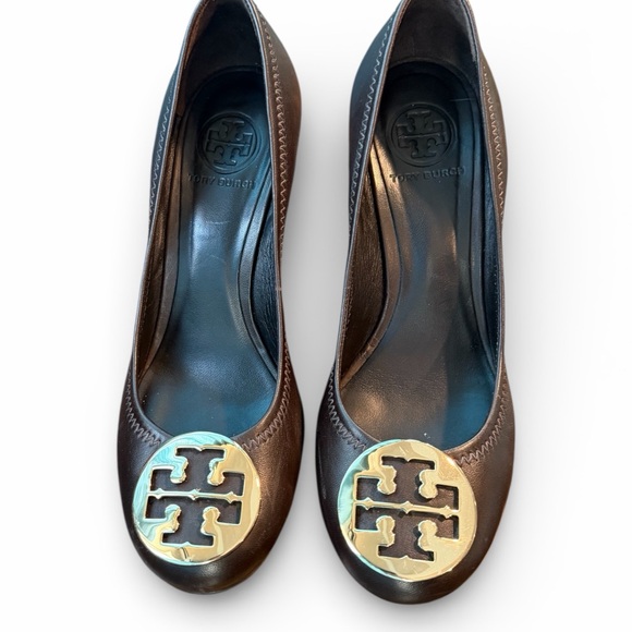 Tory Burch Sally Dark Brown Leather Wedge Heels Size 8.5 - Picture 2 of 7